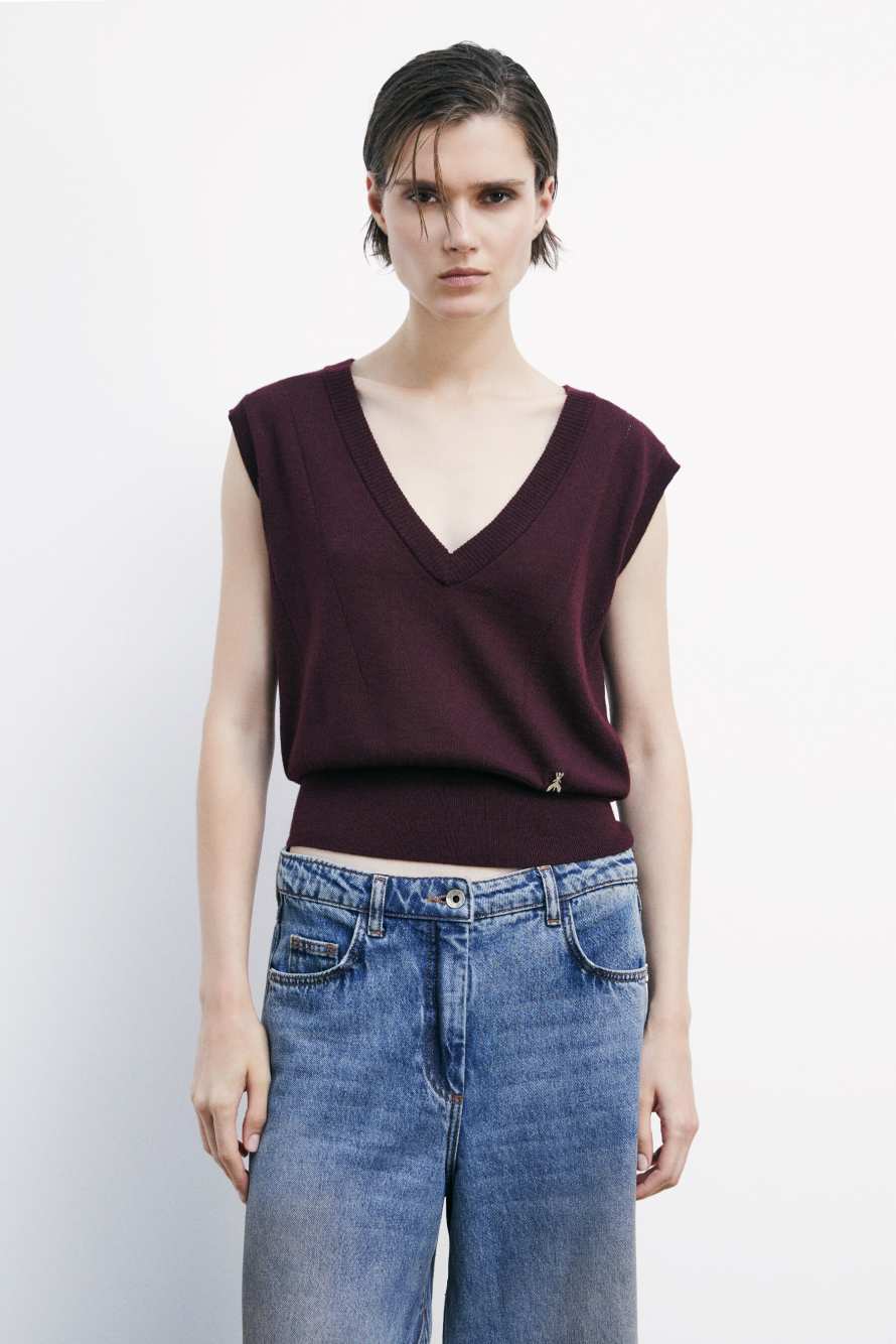 "ESSENTIAL" wool vest with V-neckline, Bordeaux, Patrizia Pepe