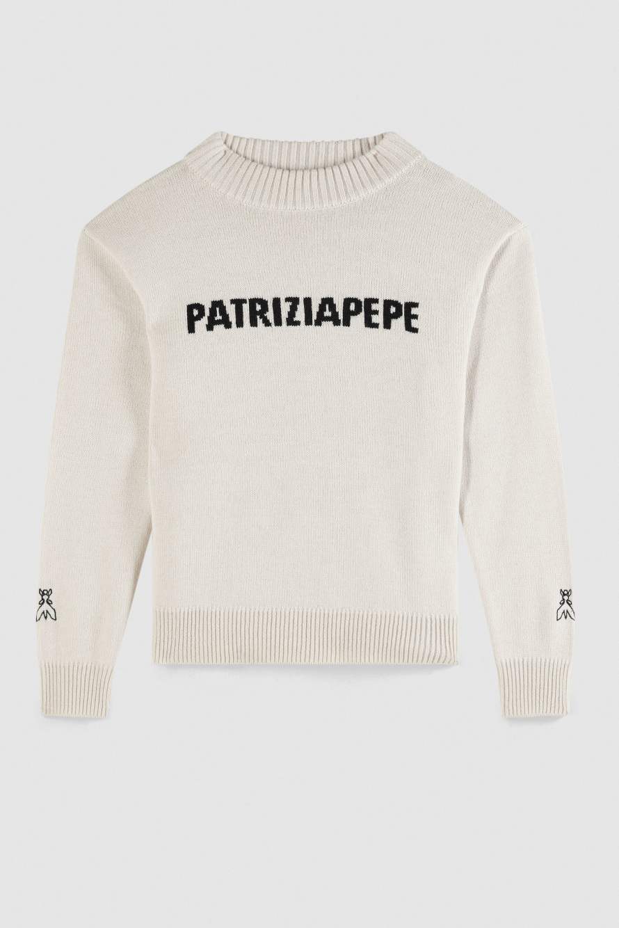 Свитер с круглым вырезом и логотипом, бежевый, Patrizia Pepe
