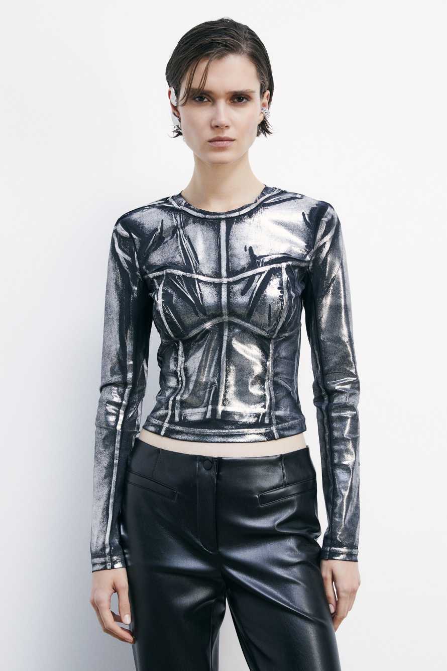 Crop top in metallic jersey, Black/Silver, Patrizia Pepe