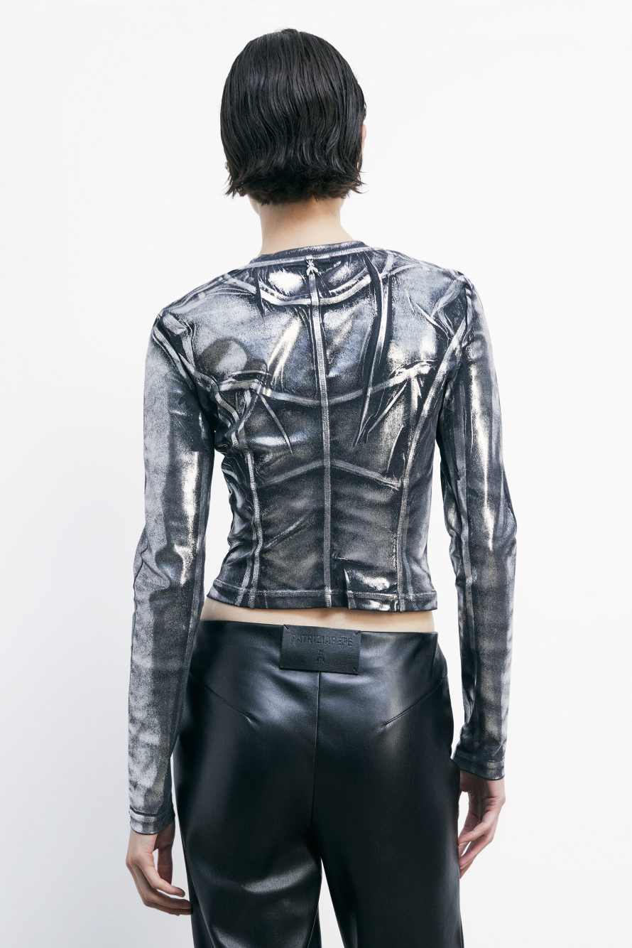 Crop top in metallic jersey, Black/Silver, Patrizia Pepe
