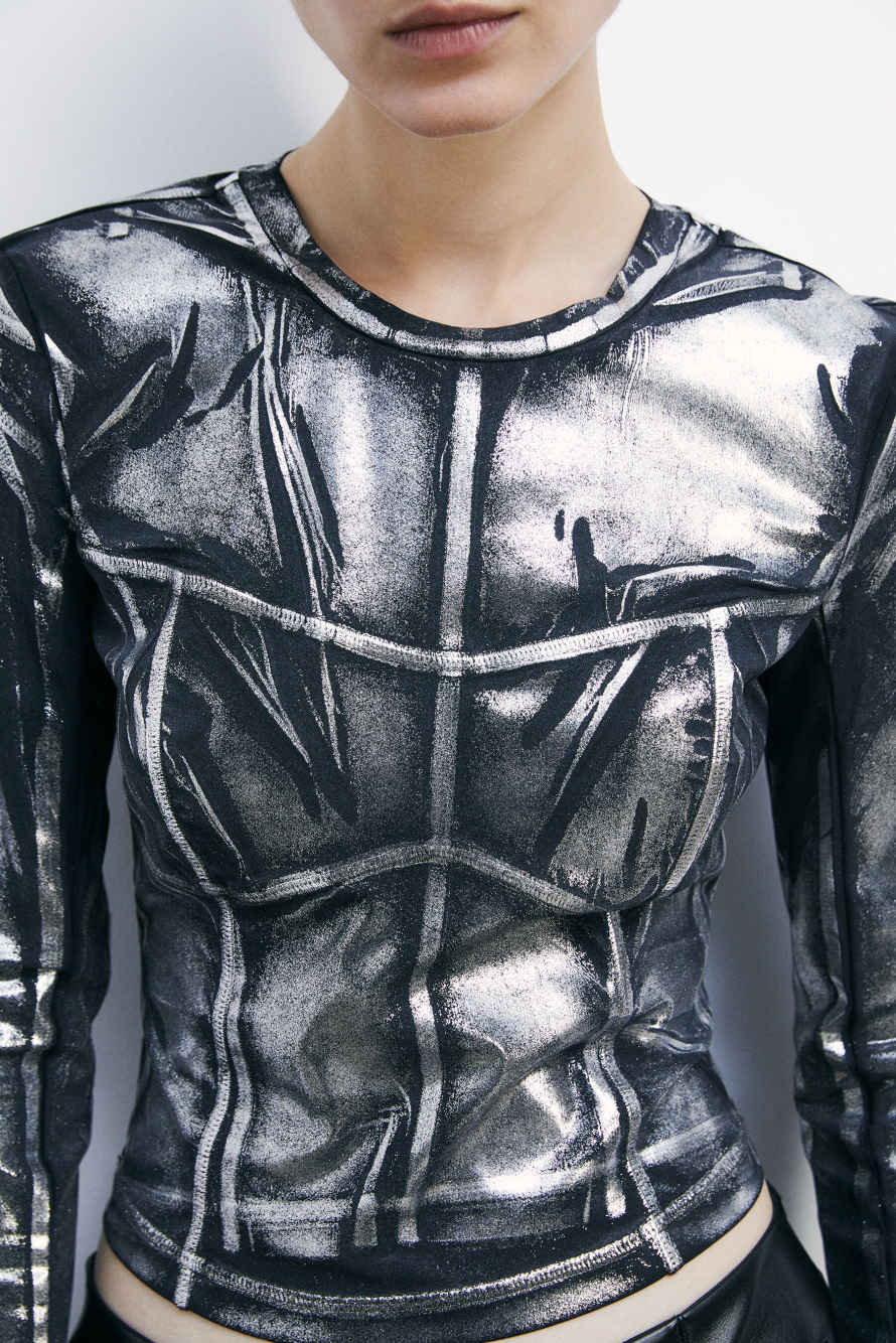 Crop top in metallic jersey, Black/Silver, Patrizia Pepe