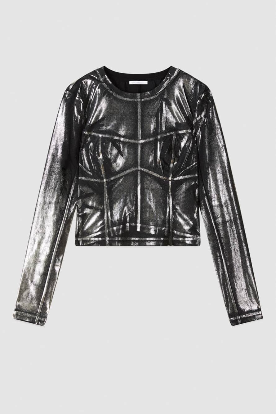 Crop top in metallic jersey, Black/Silver, Patrizia Pepe