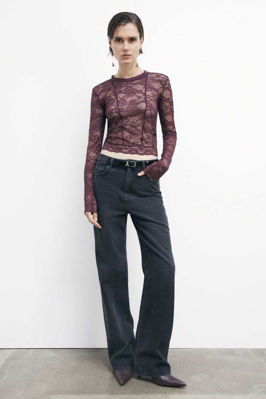Top de encaje el&aacute;stico de manga larga, Bordeaux