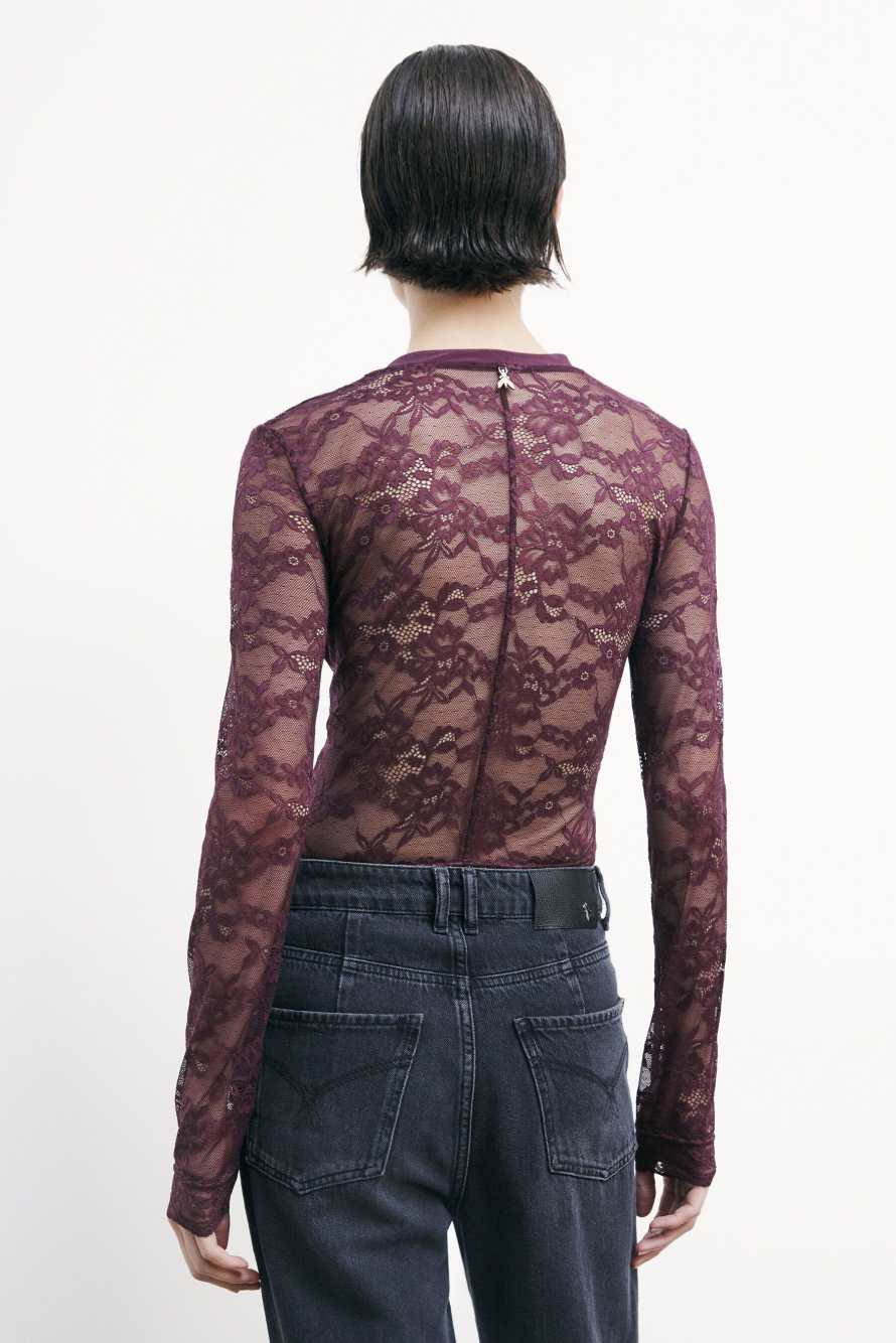 Top de encaje el&aacute;stico de manga larga, Bordeaux