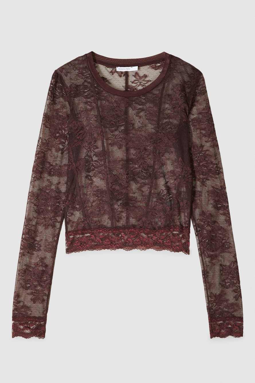 Top de encaje el&aacute;stico de manga larga, Bordeaux