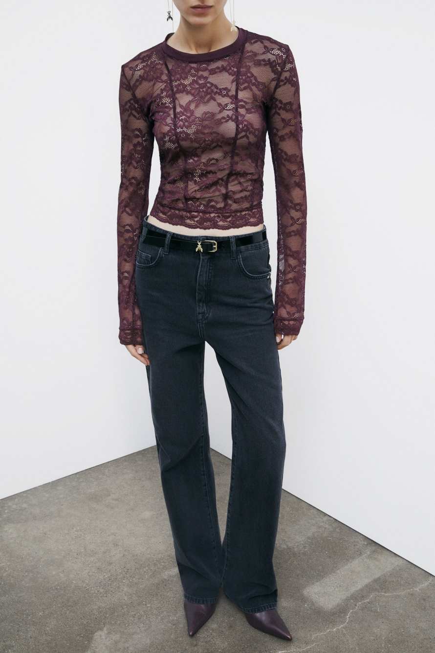 Top de encaje el&aacute;stico de manga larga, Bordeaux