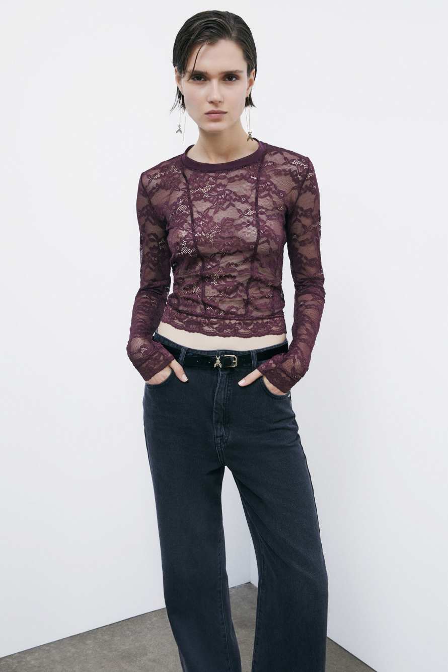 Top de encaje el&aacute;stico de manga larga, Bordeaux