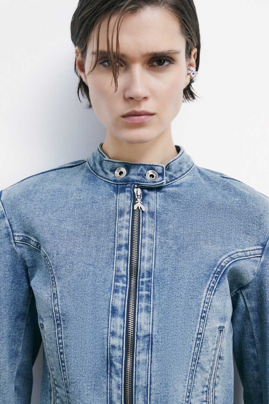 Облегающая байкерская джинсовая куртка, синий, Patrizia Pepe