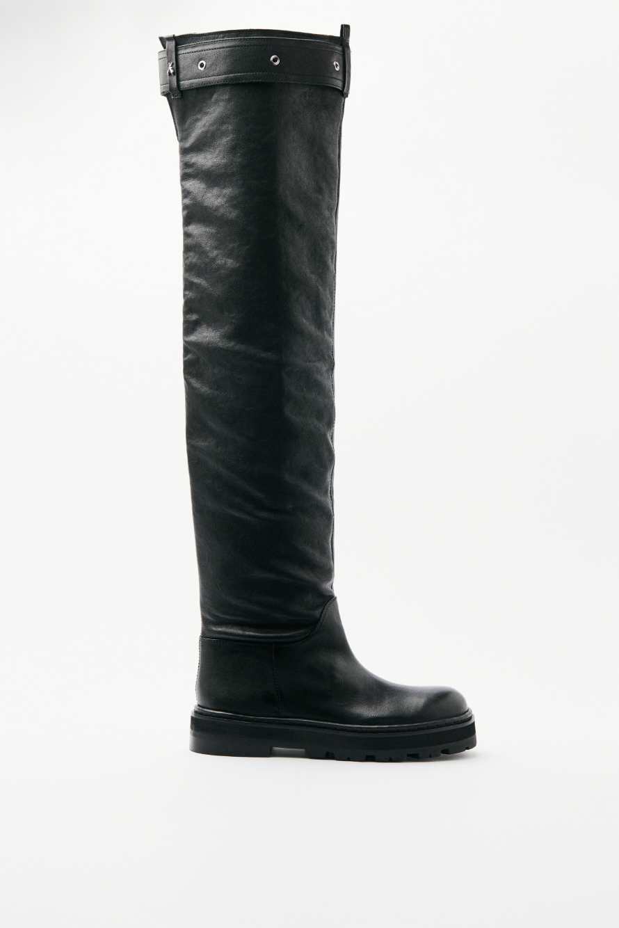 Roundshape Overknees in leather, Black/Silver, Patrizia Pepe