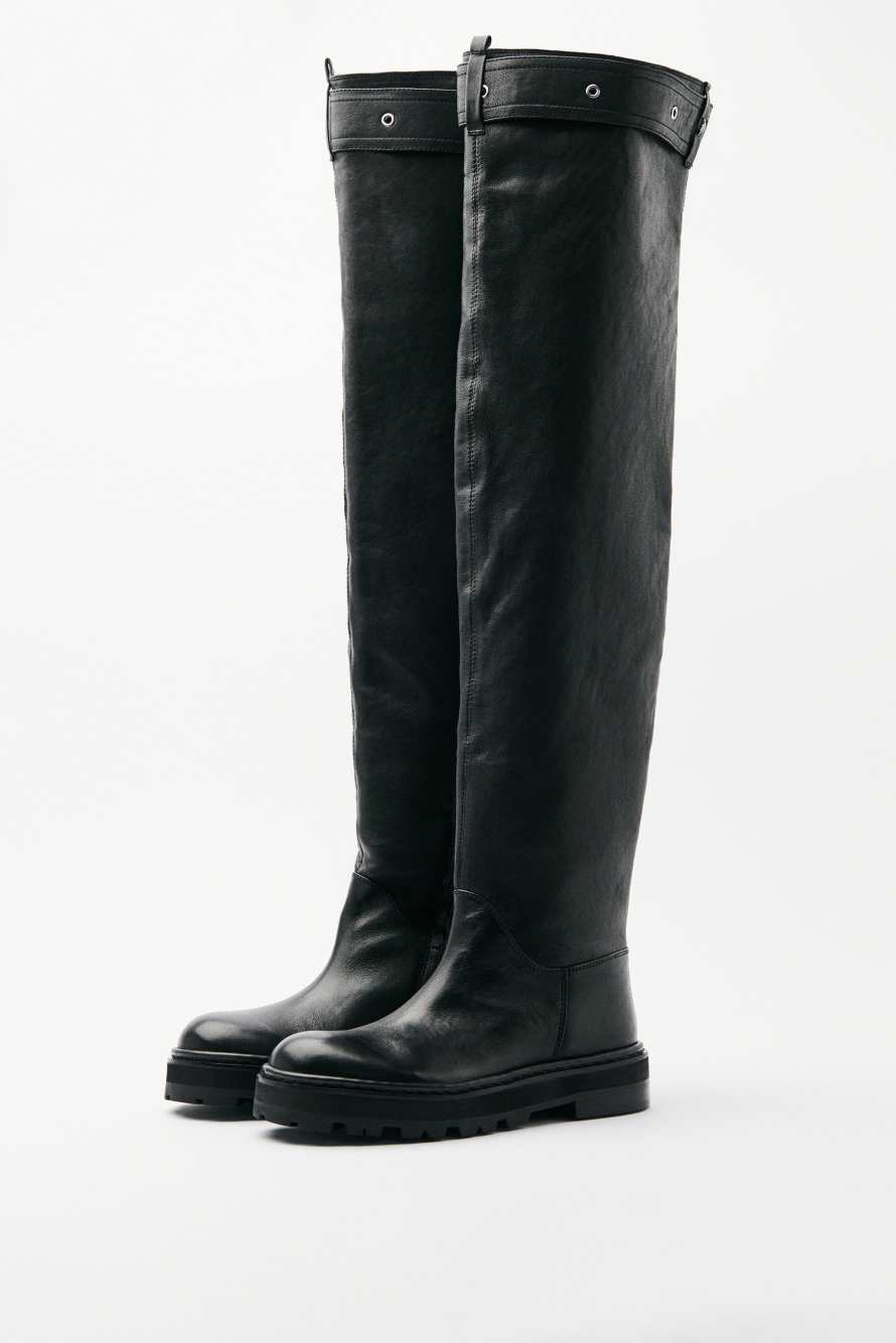 Roundshape Overknees in leather, Black/Silver, Patrizia Pepe