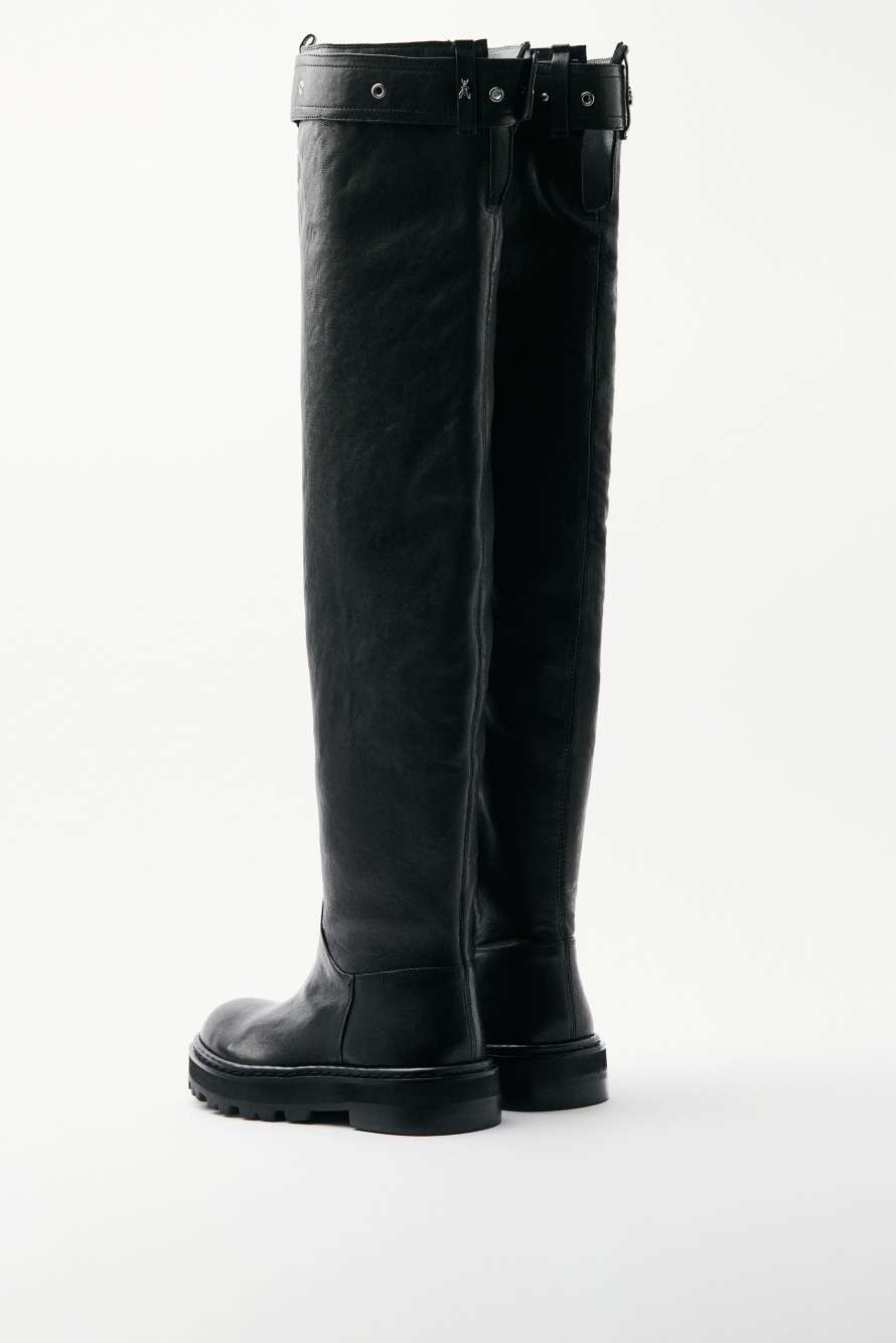 Roundshape Overknees in leather, Black/Silver, Patrizia Pepe