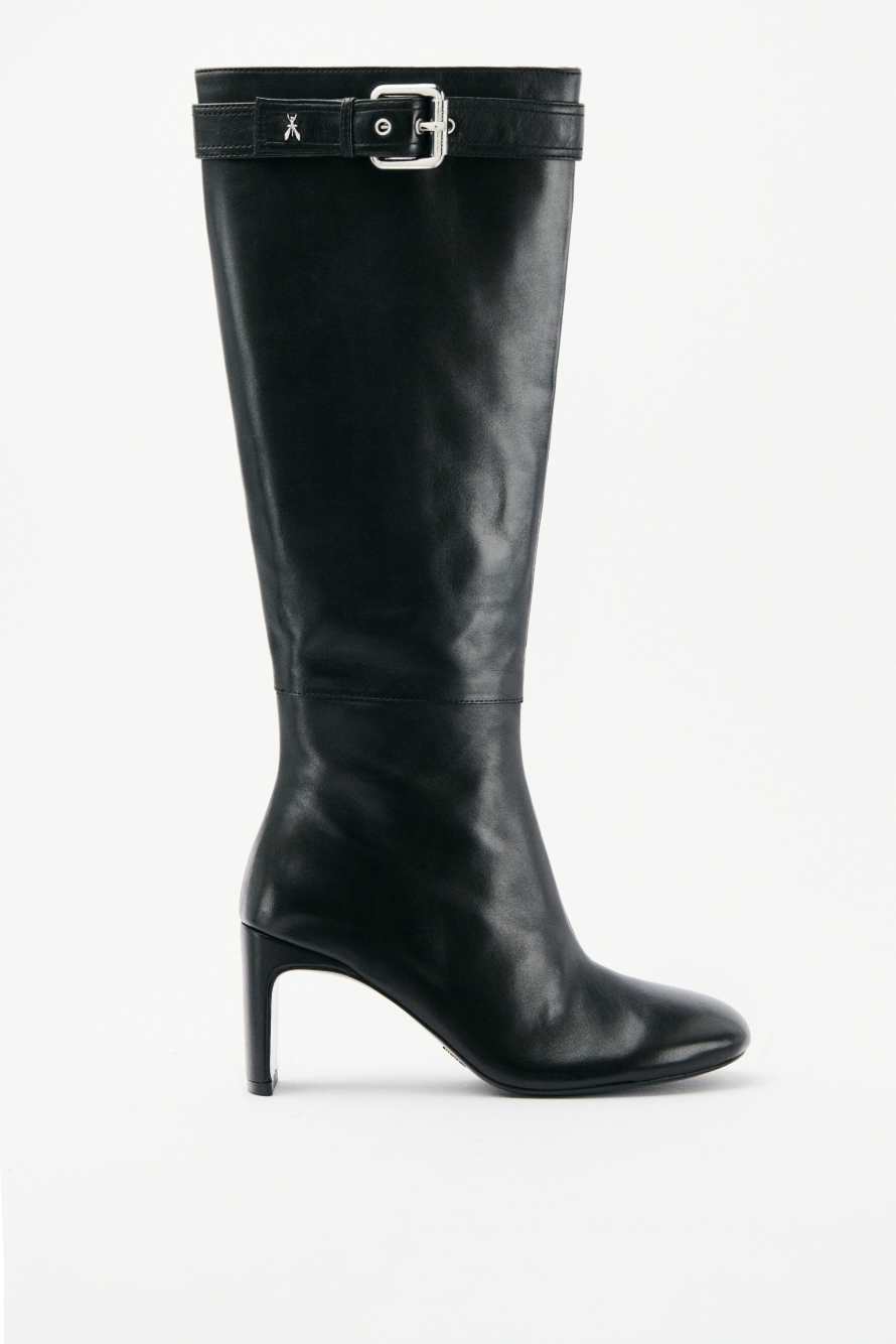 Daily Design leather boots with buckle, Black/Silver, Patrizia Pepe