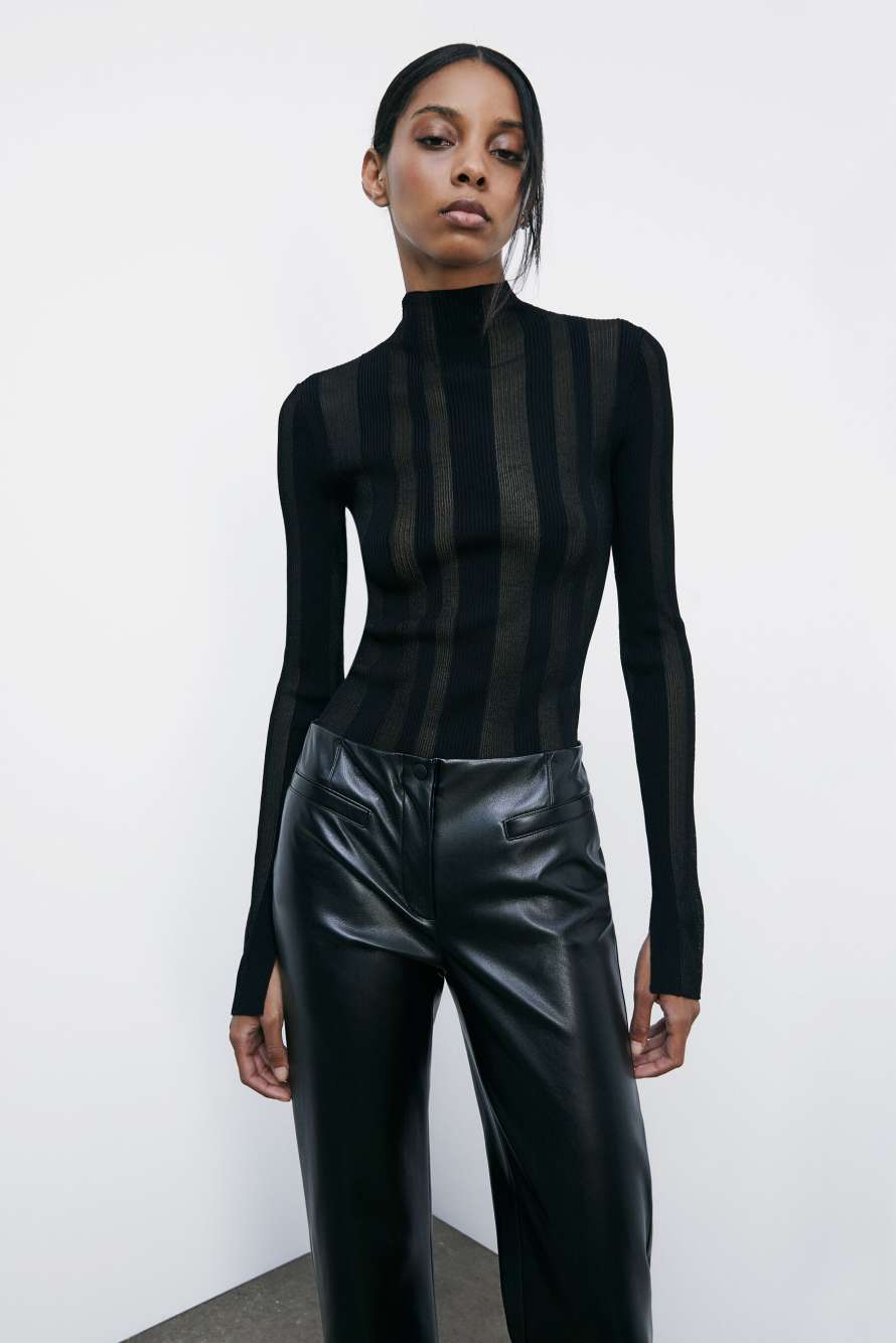 Crew-neck sweater with ribbing and transparencies, Black, Patrizia Pepe