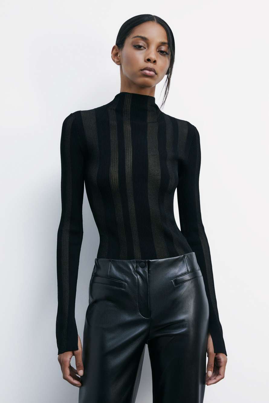 Crew-neck sweater with ribbing and transparencies, Black, Patrizia Pepe