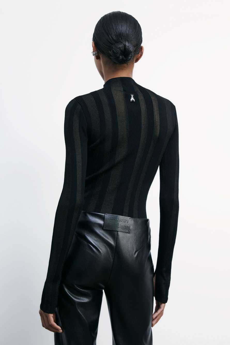 Crew-neck sweater with ribbing and transparencies, Black, Patrizia Pepe