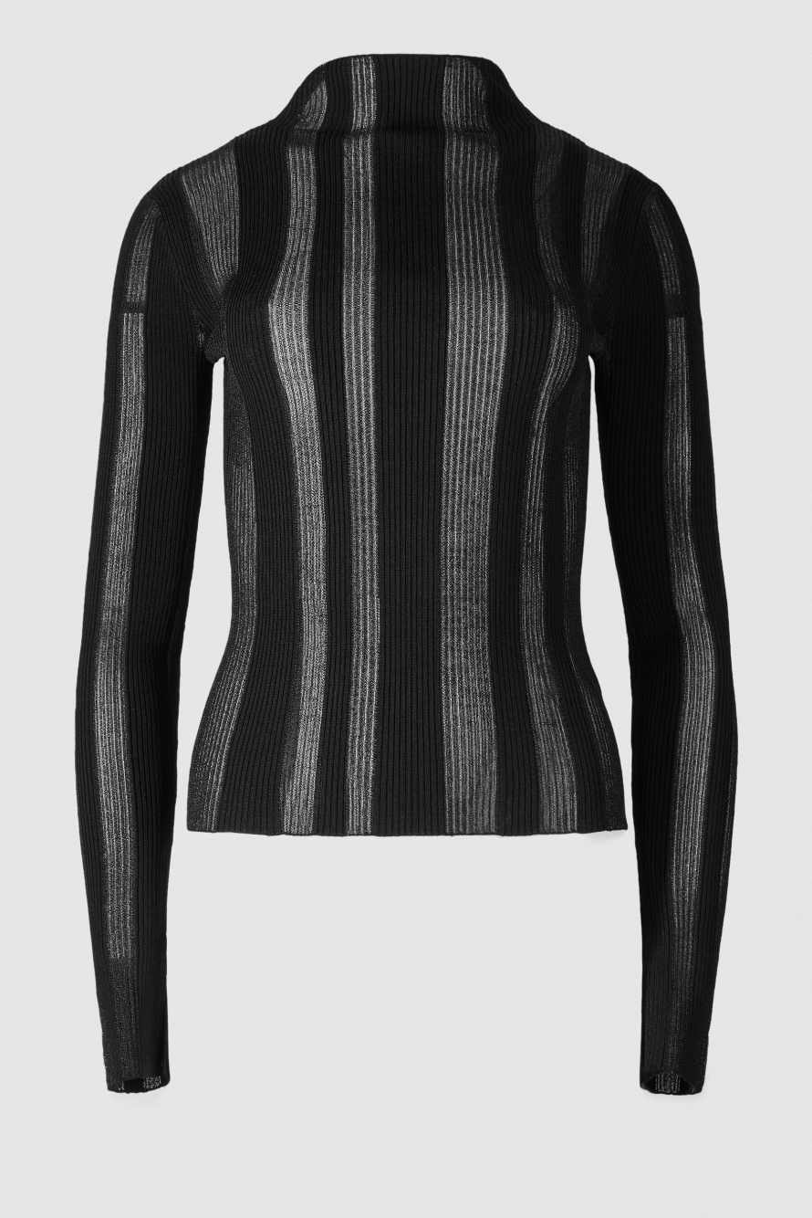 Crew-neck sweater with ribbing and transparencies, Black, Patrizia Pepe