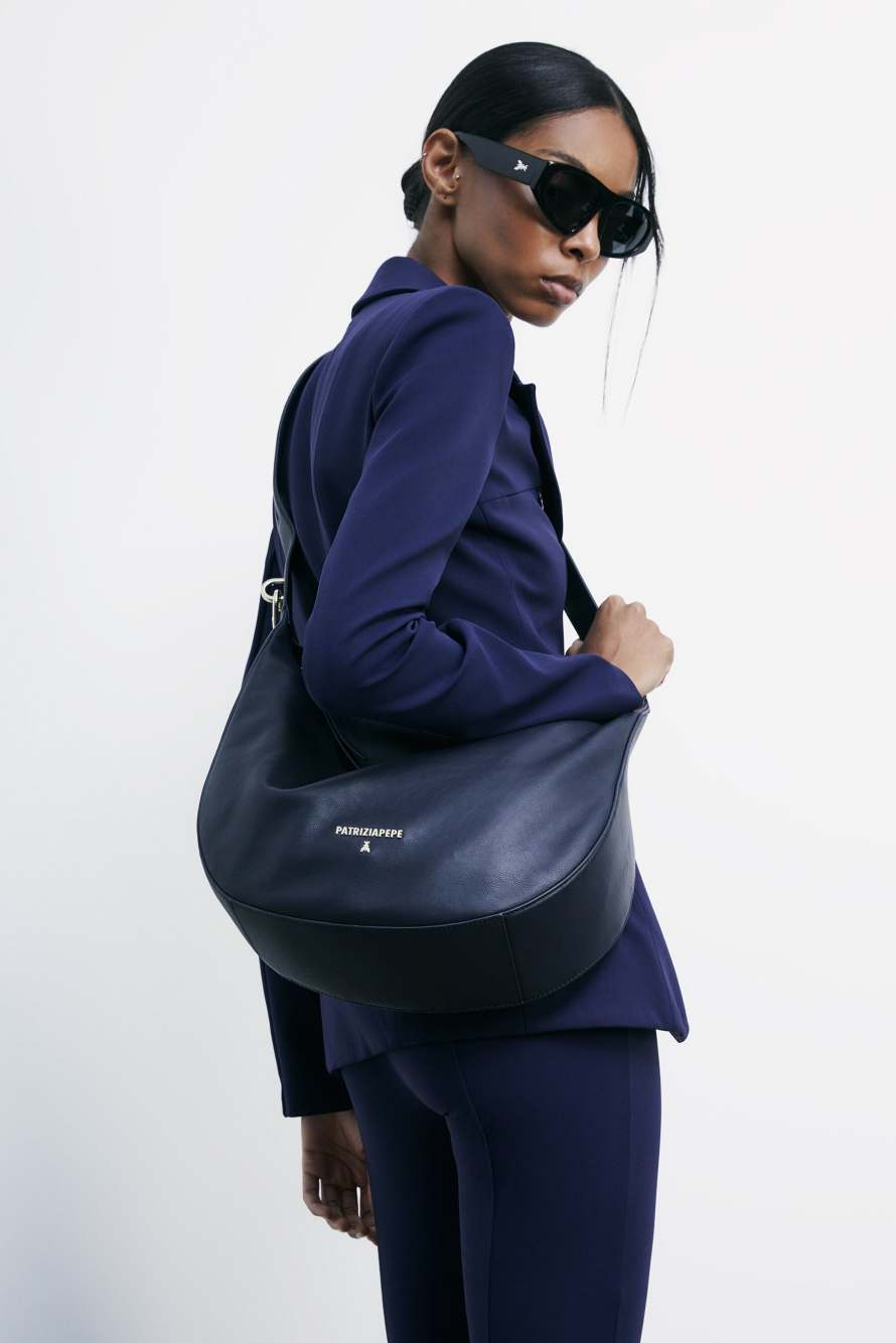 Large New Moon leather bag with shoulder strap, Blue, Patrizia Pepe