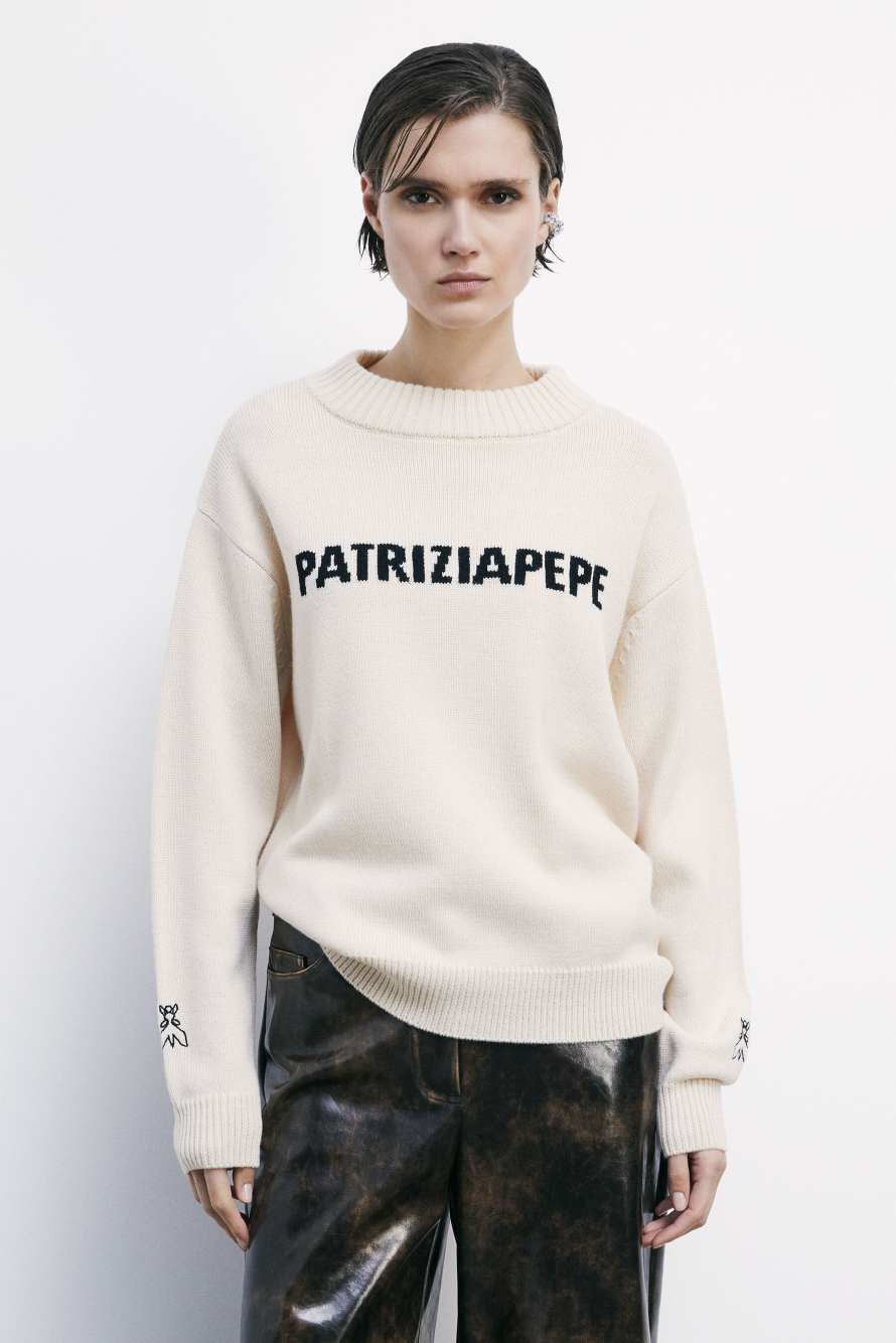 Свитер с круглым вырезом и логотипом, бежевый, Patrizia Pepe