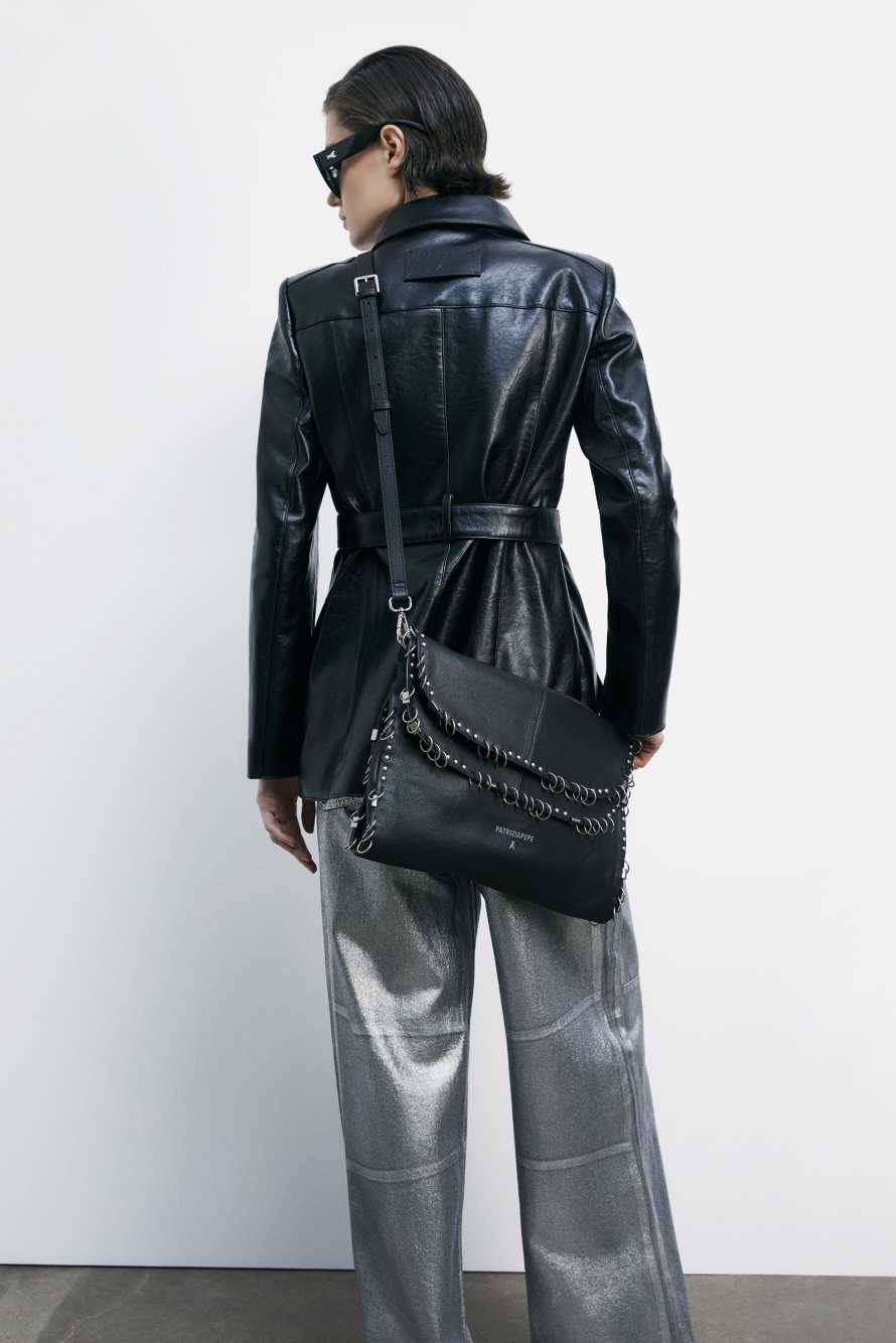 Leather shoulder bag with studs and appliqu&eacute;s, Black, Patrizia Pepe