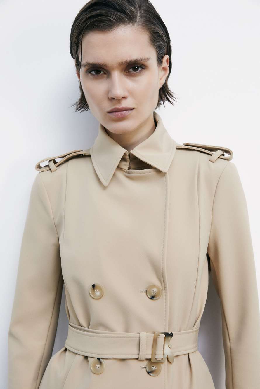 Тренч из биэластичного нейлона с пряжкой, Бежевый, Patrizia Pepe