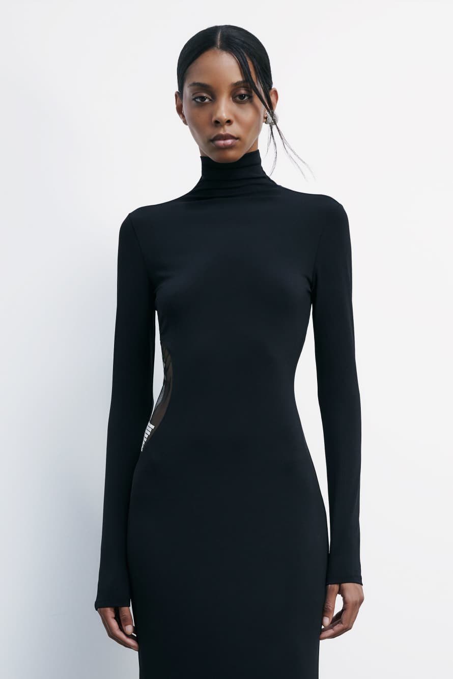 Длинное платье с высоким воротом и стразами, Черный, Patrizia Pepe