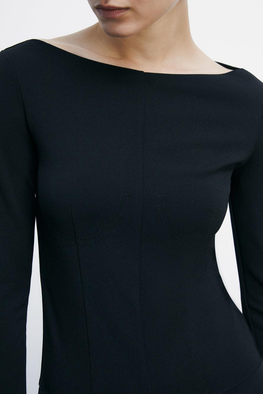 Stretch corset bodysuit with long sleeves, Black, Patrizia Pepe