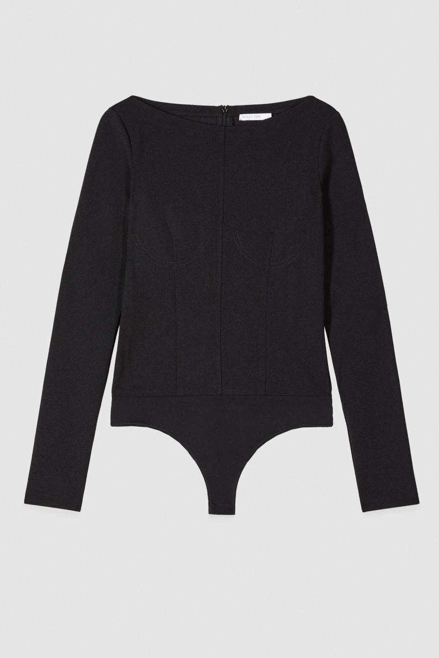 Stretch corset bodysuit with long sleeves, Black, Patrizia Pepe