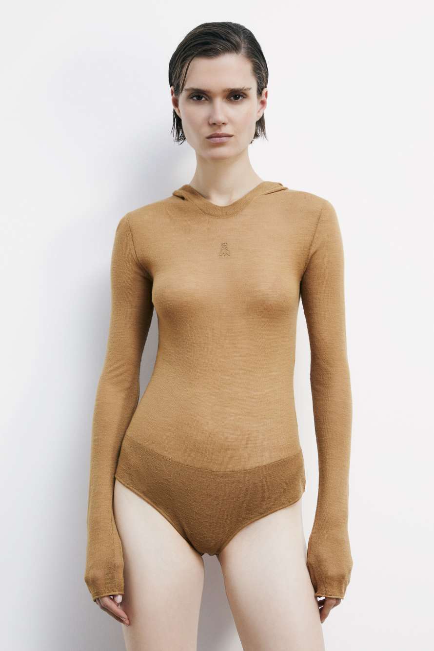 Боди из легкой шерсти с капюшоном, бежевый, Patrizia Pepe