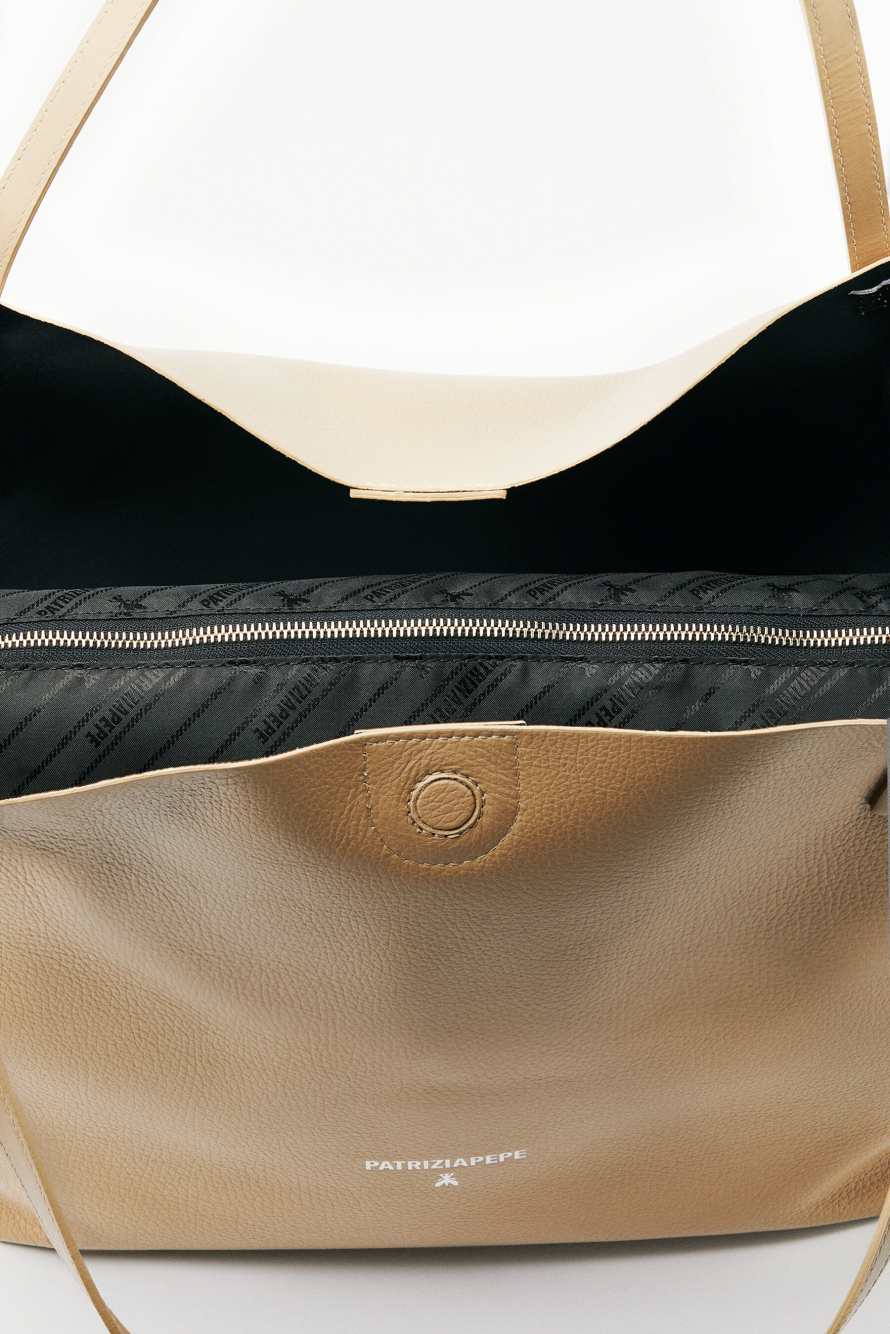 Never Complete shopping bag in hammered leather, Beige, Patrizia Pepe
