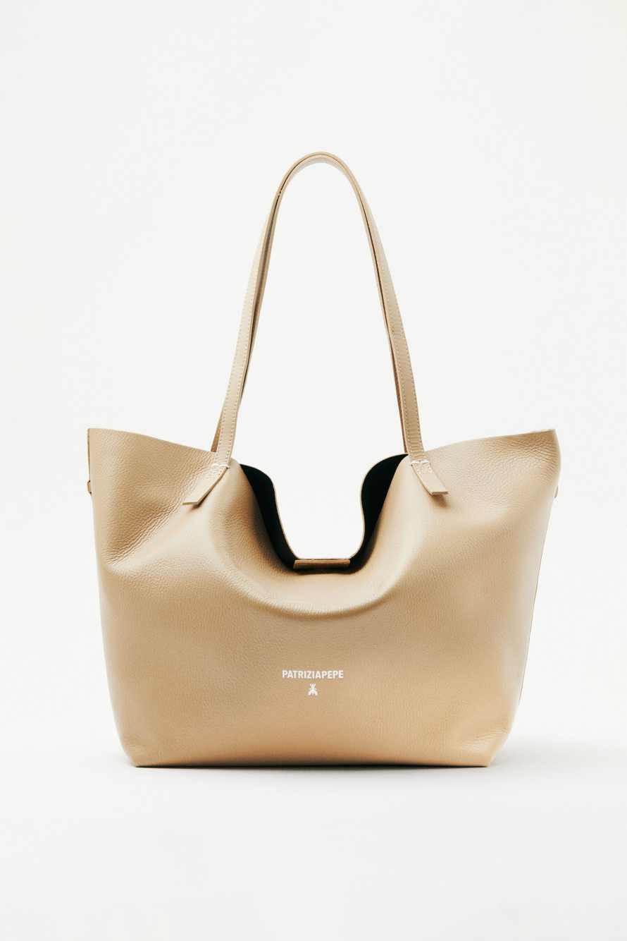 Never Complete shopping bag in hammered leather, Beige, Patrizia Pepe
