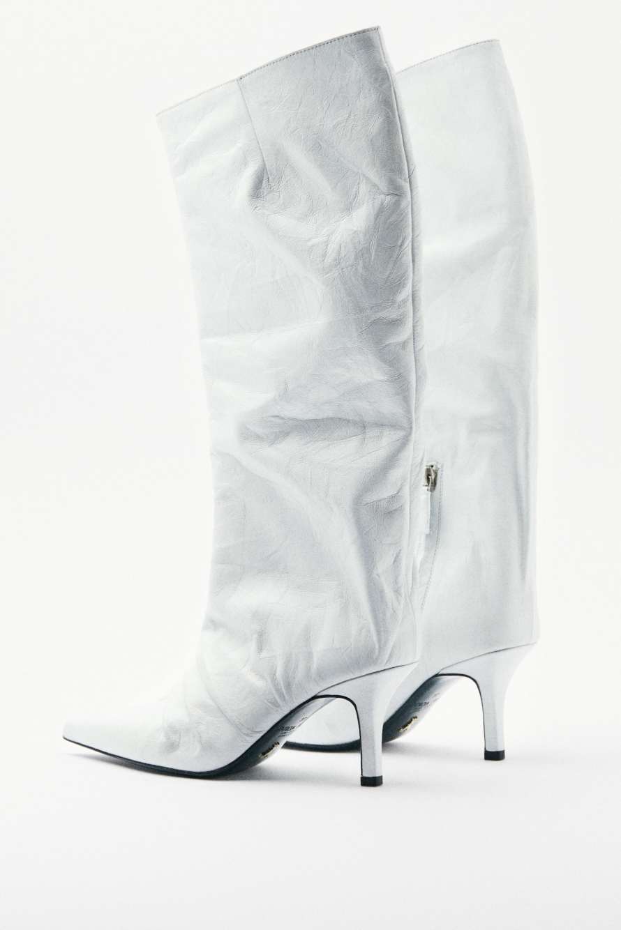New Minimal Shape leather crinkle boots with heel, White, Patrizia Pepe