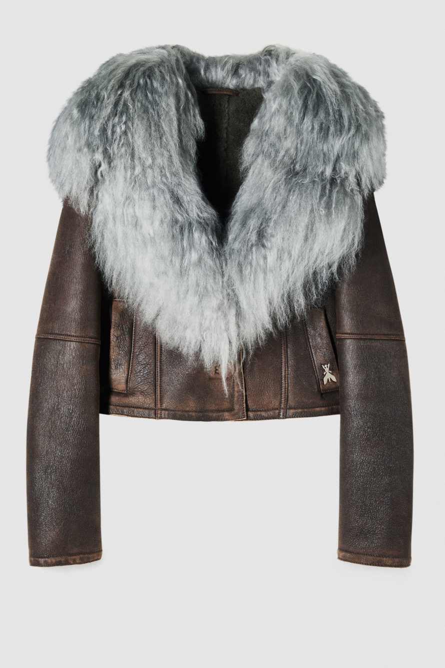 Короткая дублёнка с меховым воротником, коричневый, Patrizia Pepe