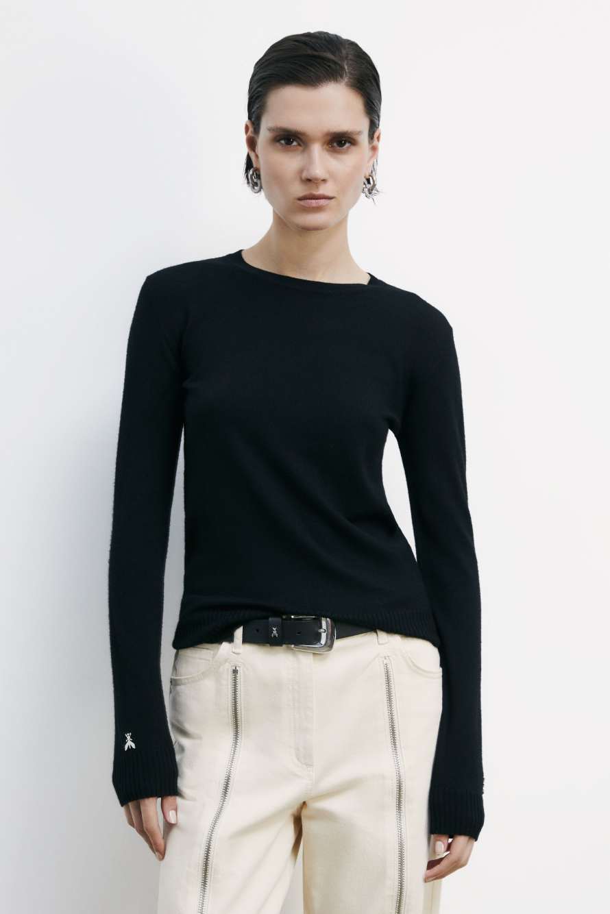 Шерстяной джемпер с круглым вырезом, Черный, Patrizia Pepe