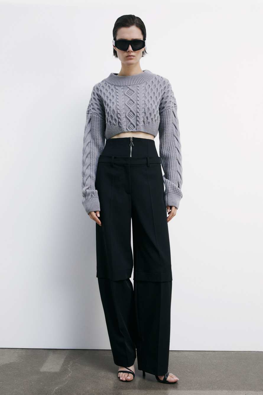 Укороченный джемпер с узором косы, Серый, Patrizia Pepe