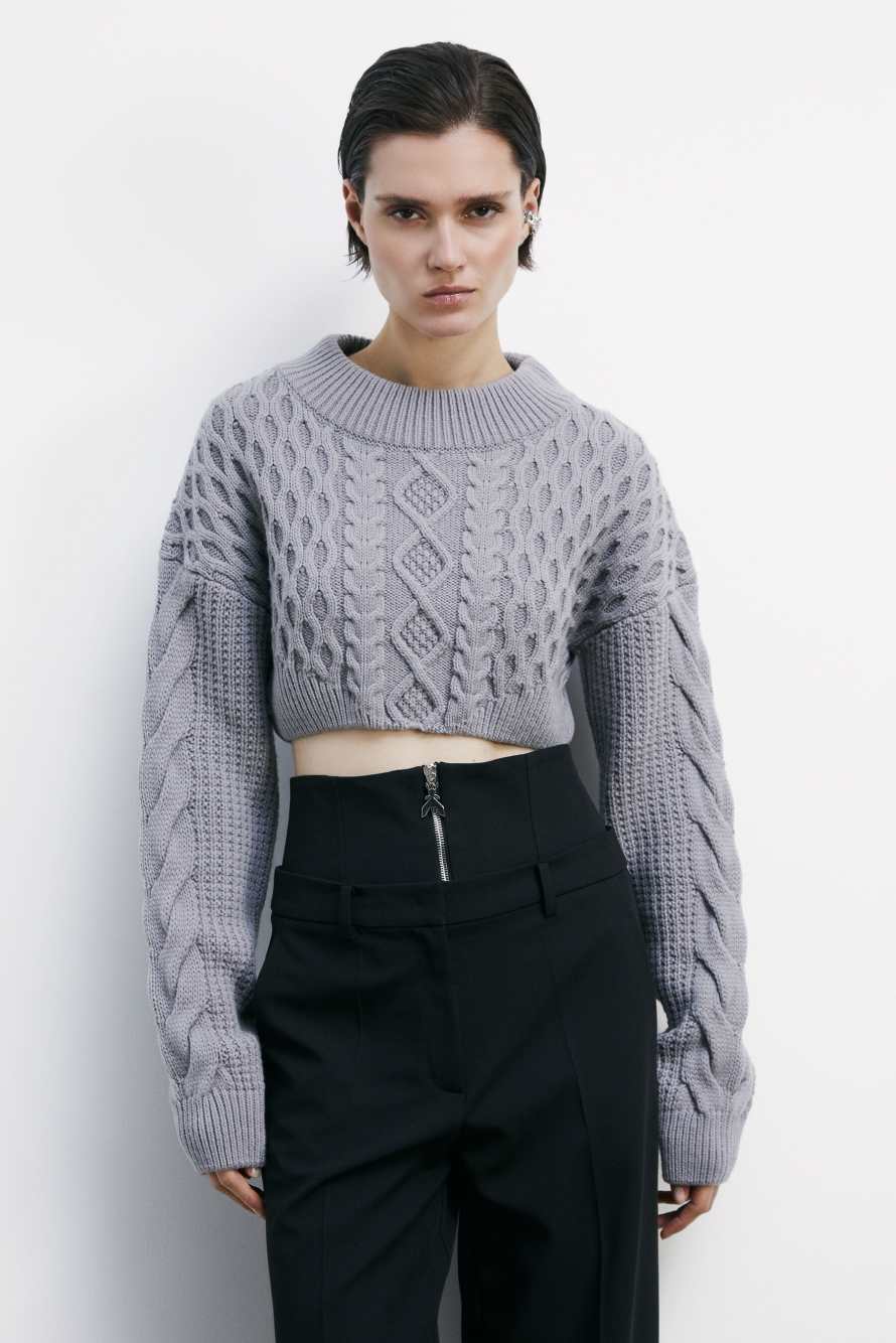 Укороченный джемпер с узором косы, Серый, Patrizia Pepe