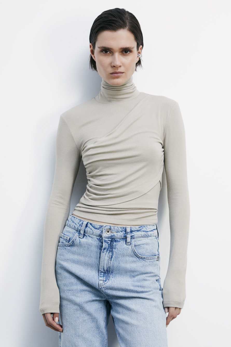 High-neck top with draping, Beige, Patrizia Pepe