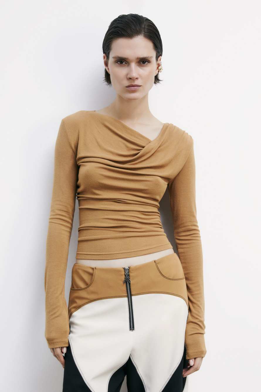 Top with asymmetrical neckline and draping, Beige, Patrizia Pepe
