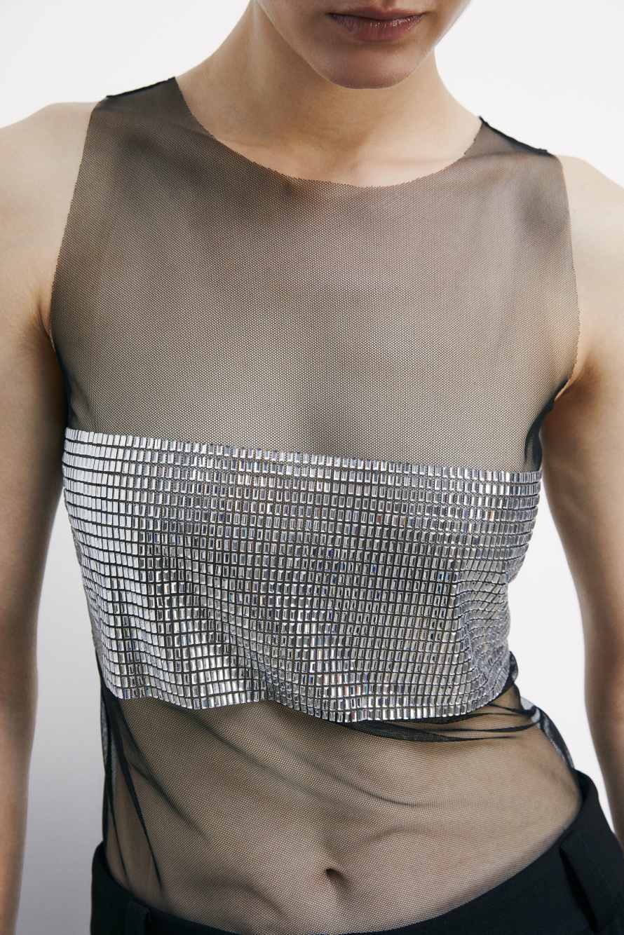 Sheer tank top with rhinestones, Black, Patrizia Pepe