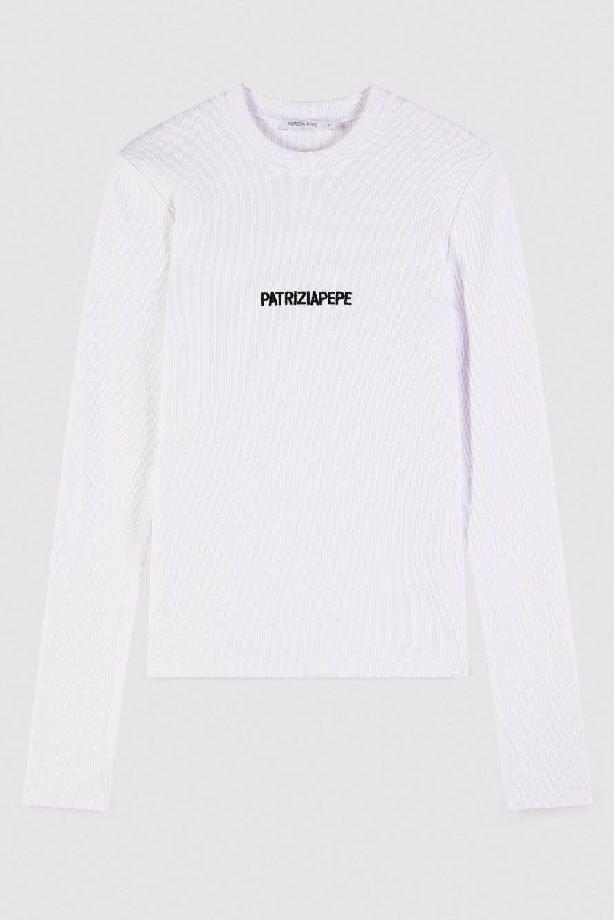 Long-sleeved ribbed top with logo, White, Patrizia Pepe