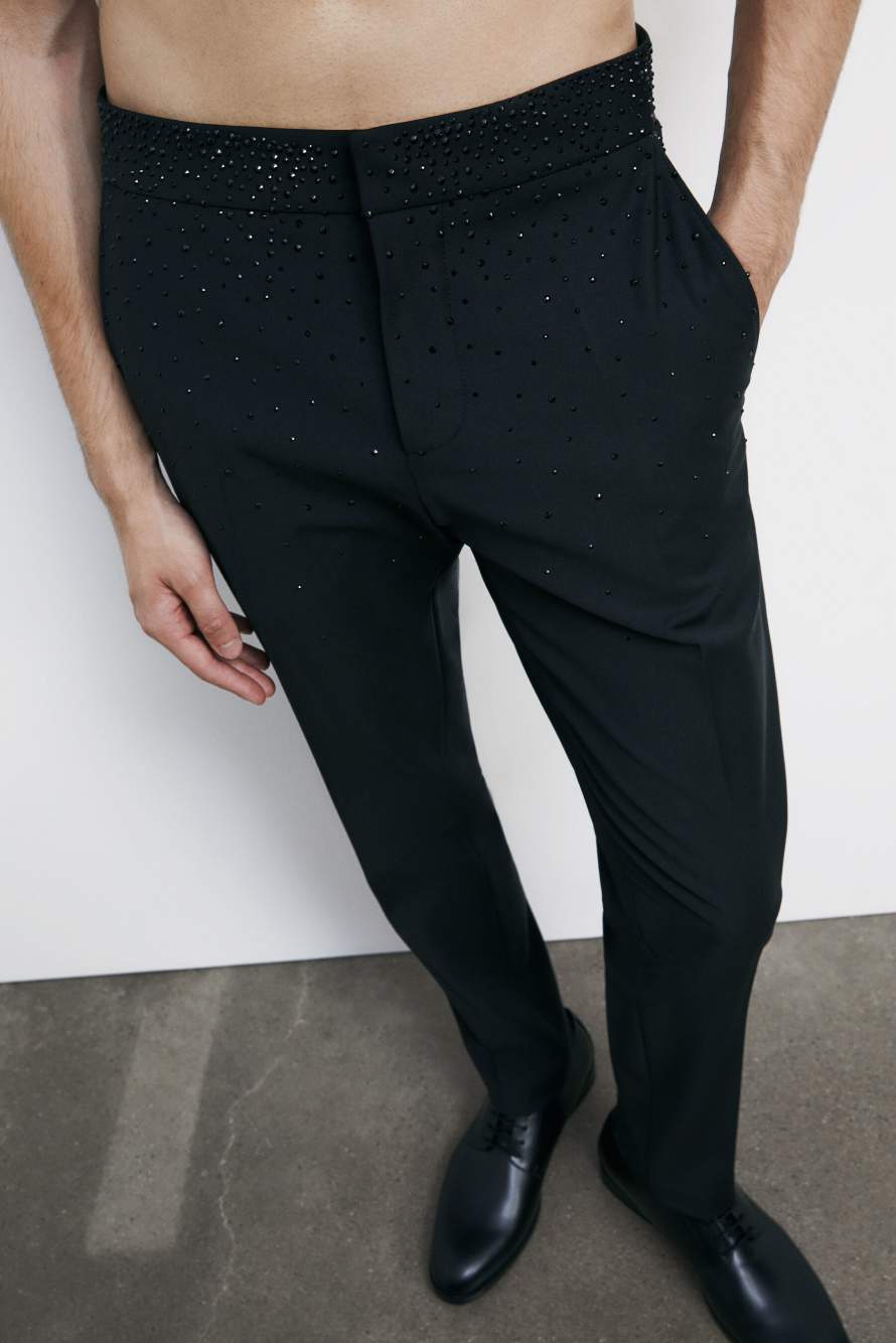Slim fit pants in cool wool with rhinestones, Black, Patrizia Pepe