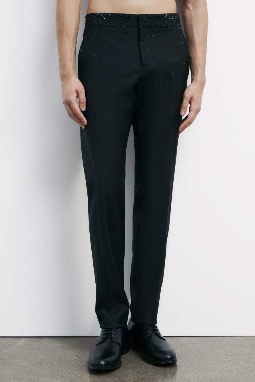 Slim fit pants in cool wool with rhinestones, Black, Patrizia Pepe