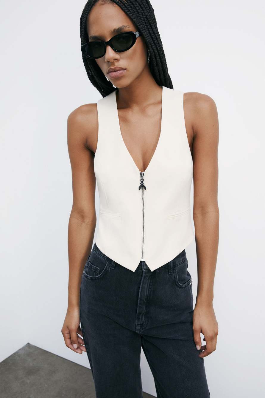 "ESSENTIAL" tailored vest with zipper, White, Patrizia Pepe