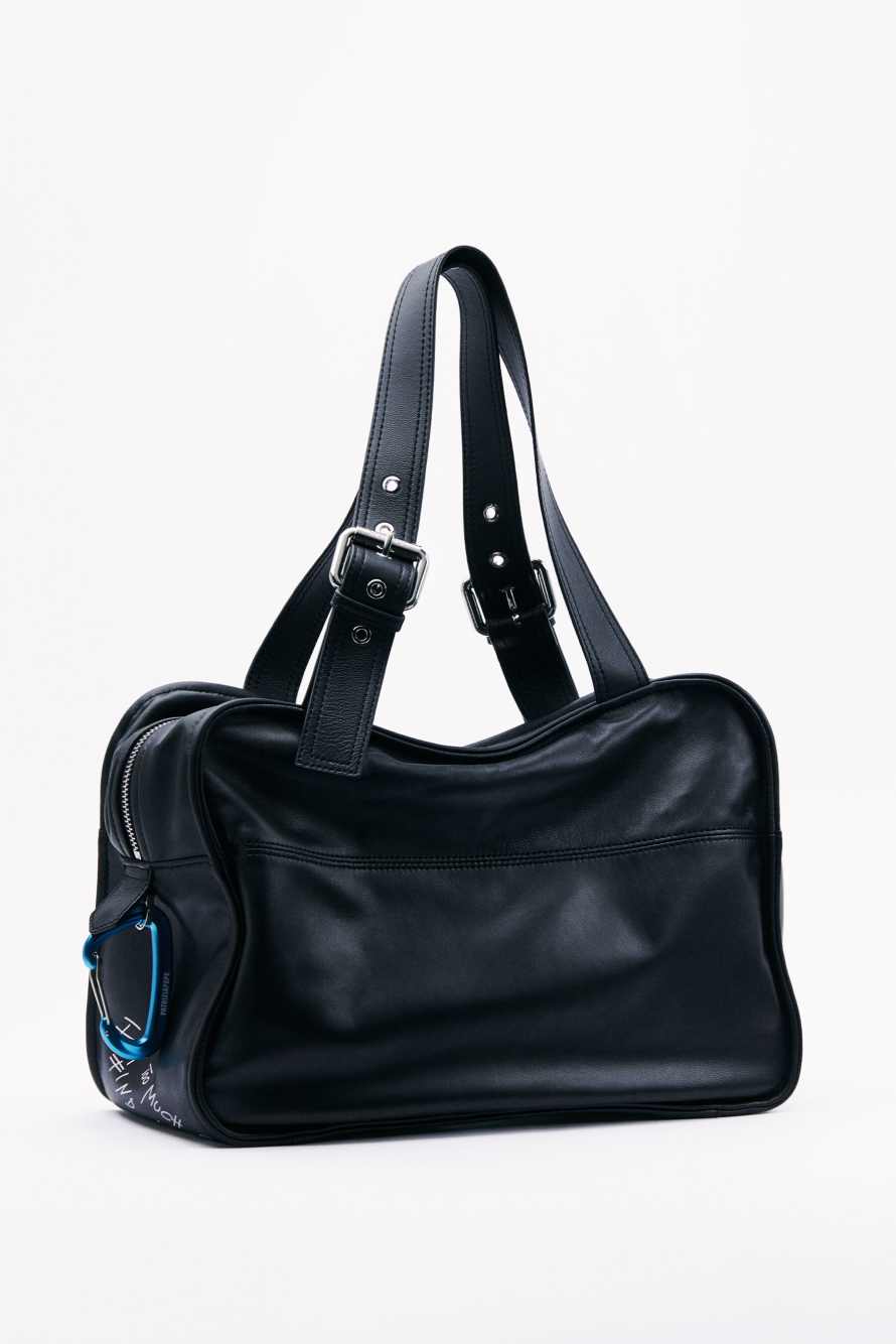 (IM)PERFECTION shopping bag in leather with calligraphic print, Black, Patrizia Pepe