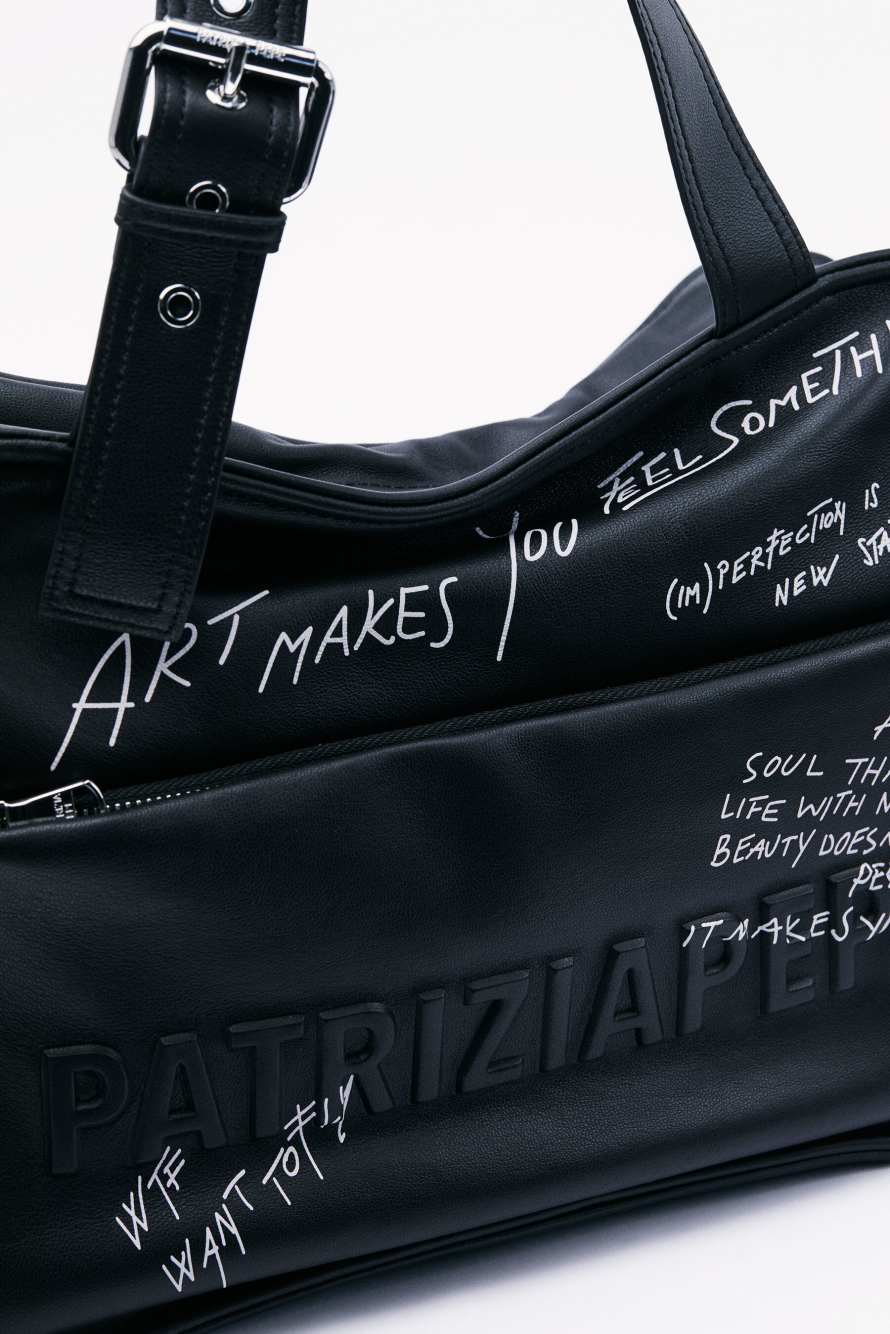 (IM)PERFECTION shopping bag in leather with calligraphic print, Black, Patrizia Pepe