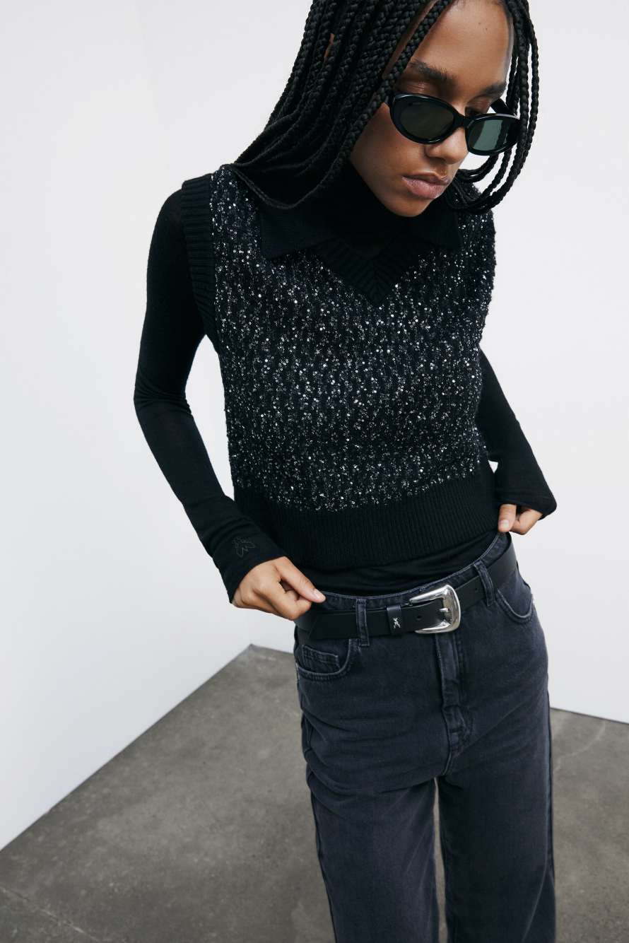Knit vest with sequins, Black, Patrizia Pepe