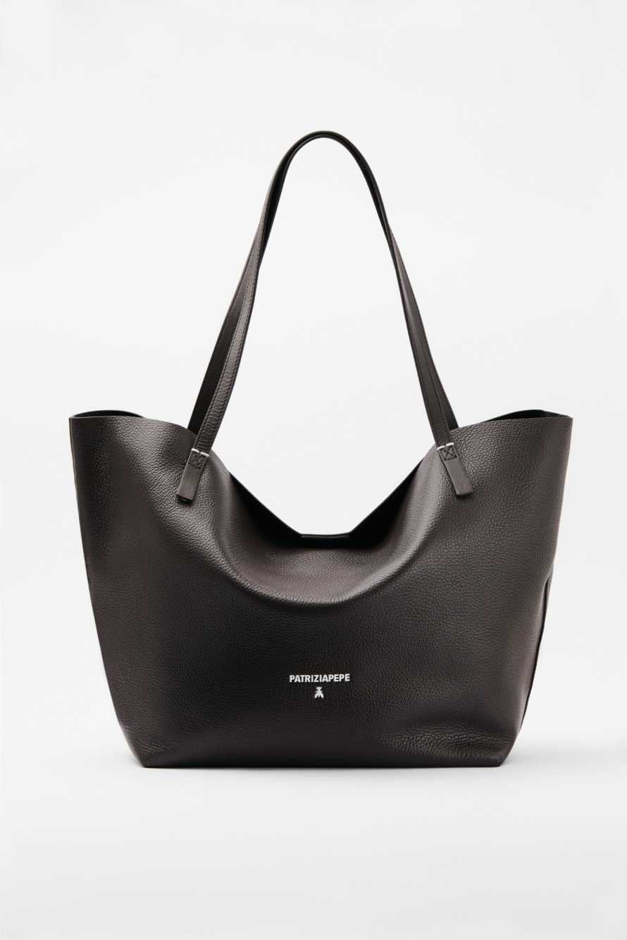 Never Complete shopping bag in hammered leather, Brown, Patrizia Pepe