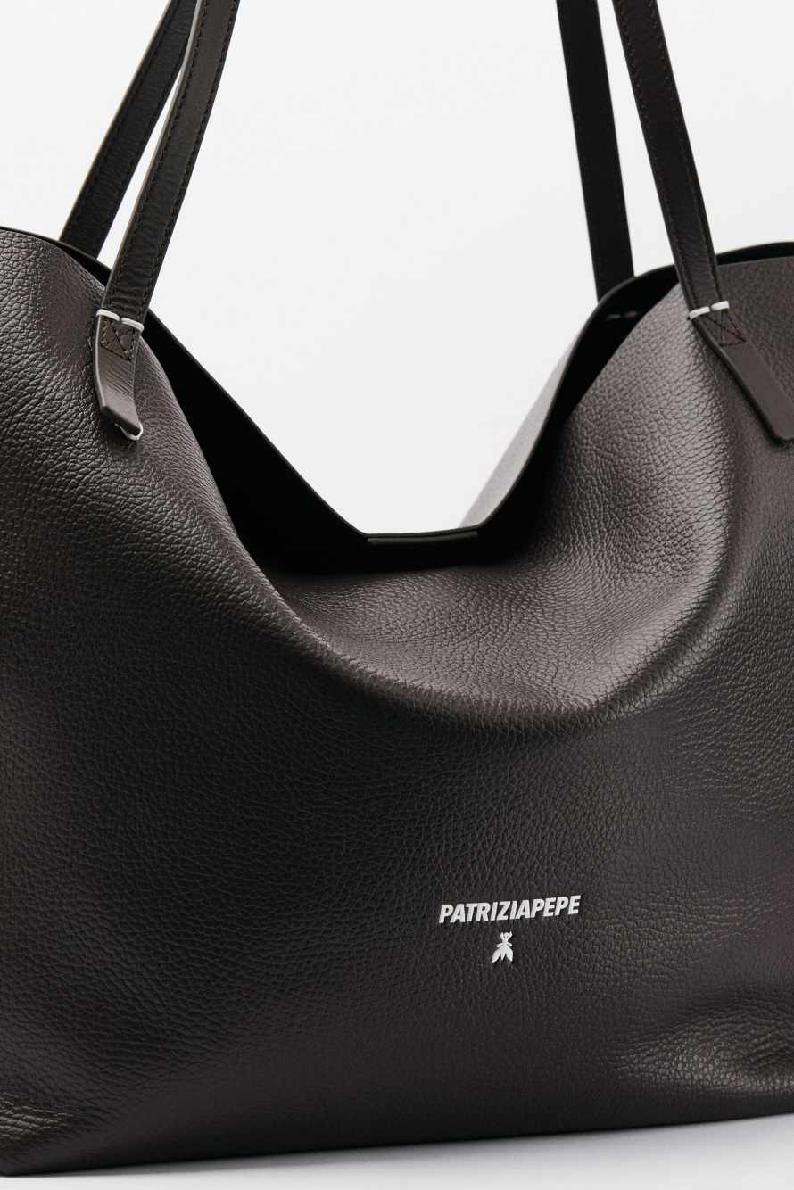 Never Complete shopping bag in hammered leather, Brown, Patrizia Pepe