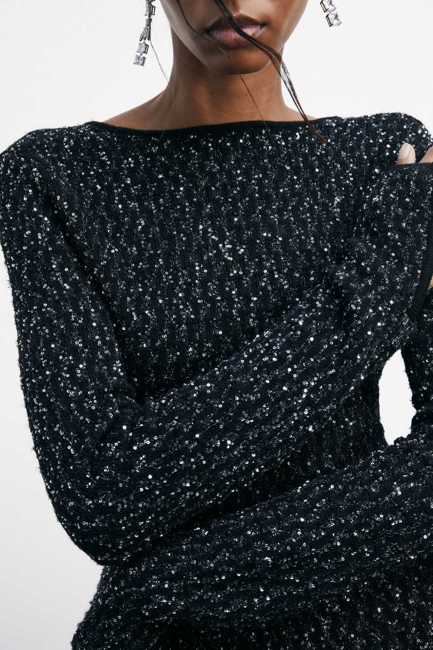 Мини-платье из трикотажа с пайетками, Черный, Patrizia Pepe