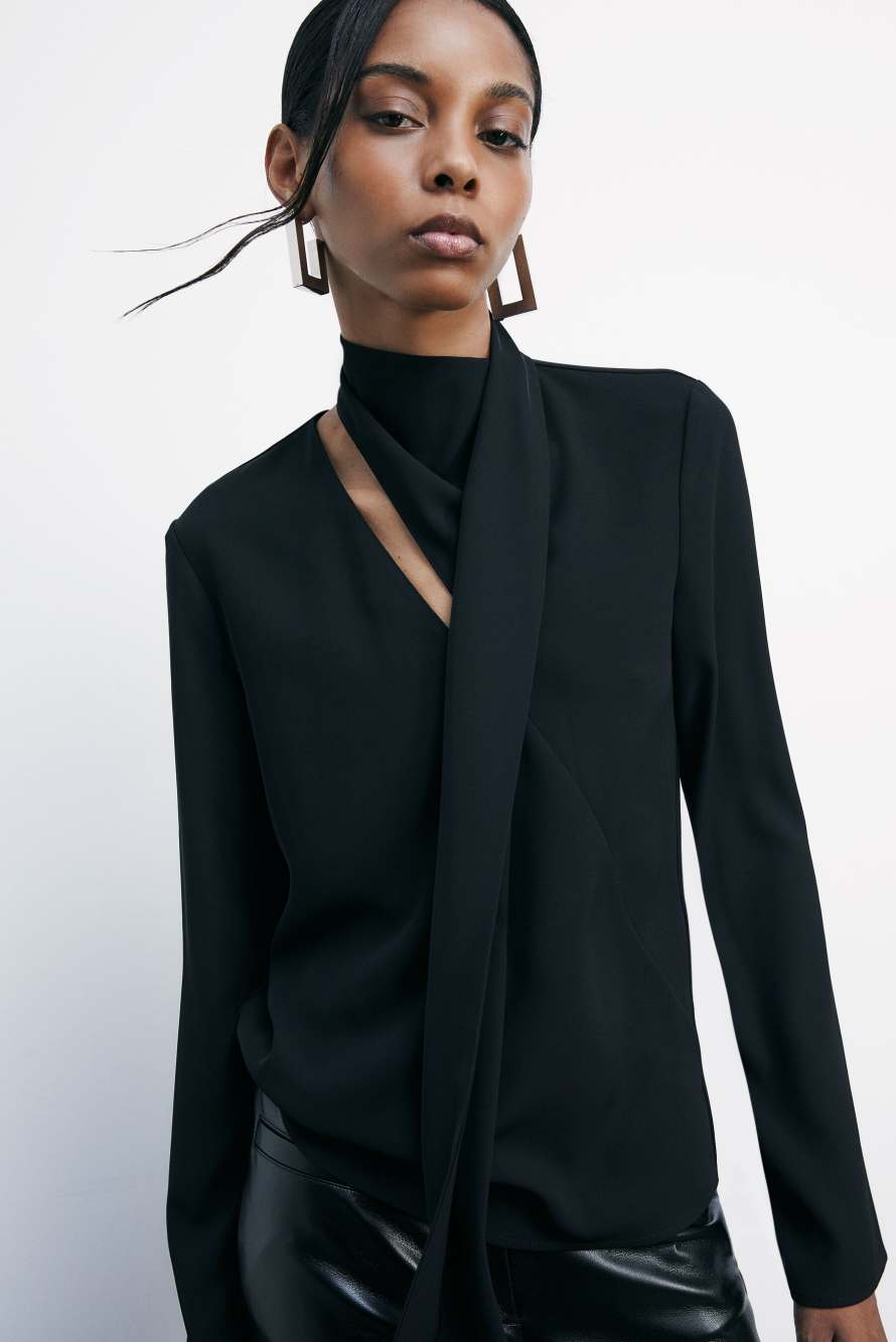 Fluid blouse with sash, Black, Patrizia Pepe