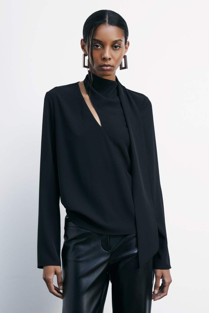 Fluid blouse with sash, Black, Patrizia Pepe